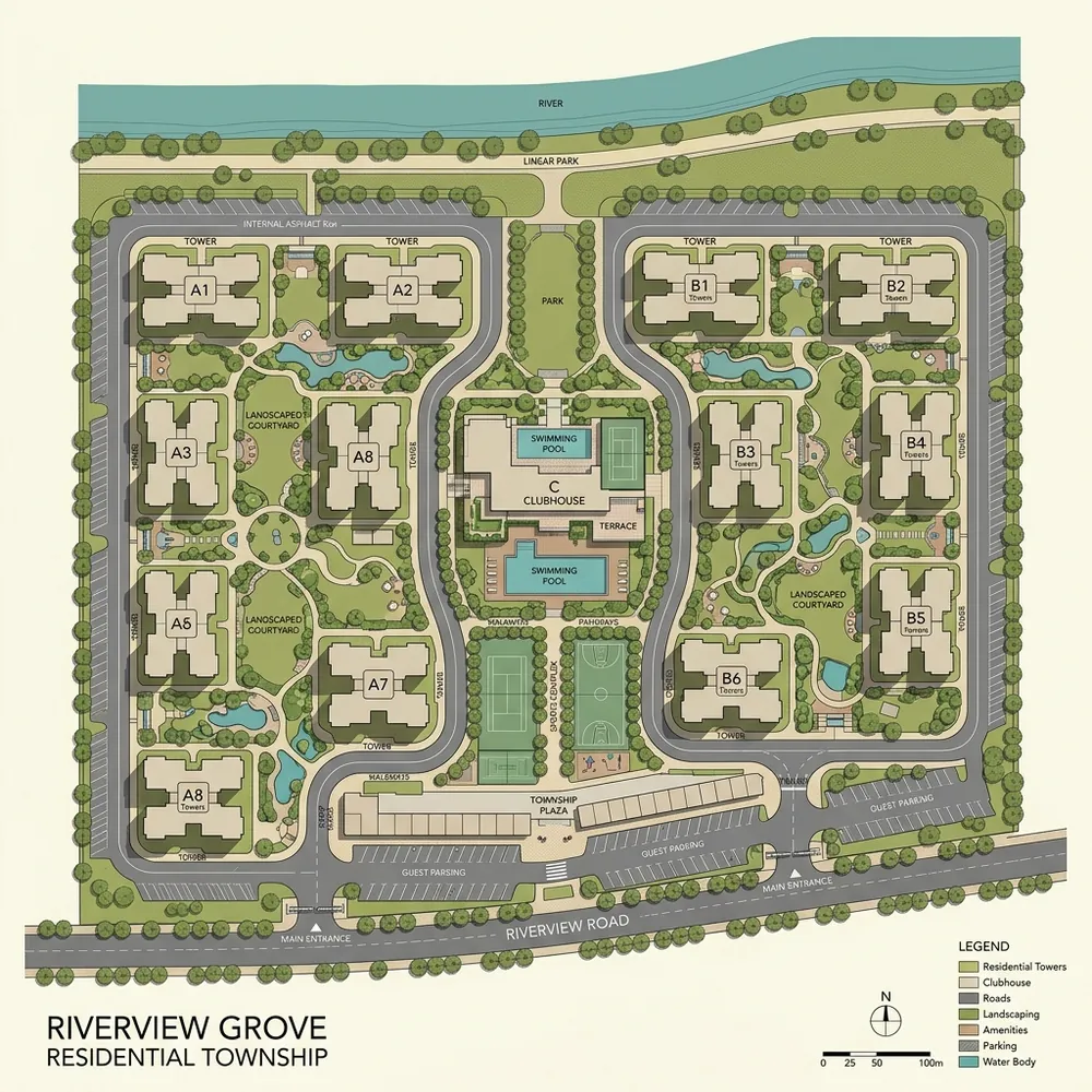 Ramky Fortuna Whitefield master plan layout with towers and open landscaped spaces