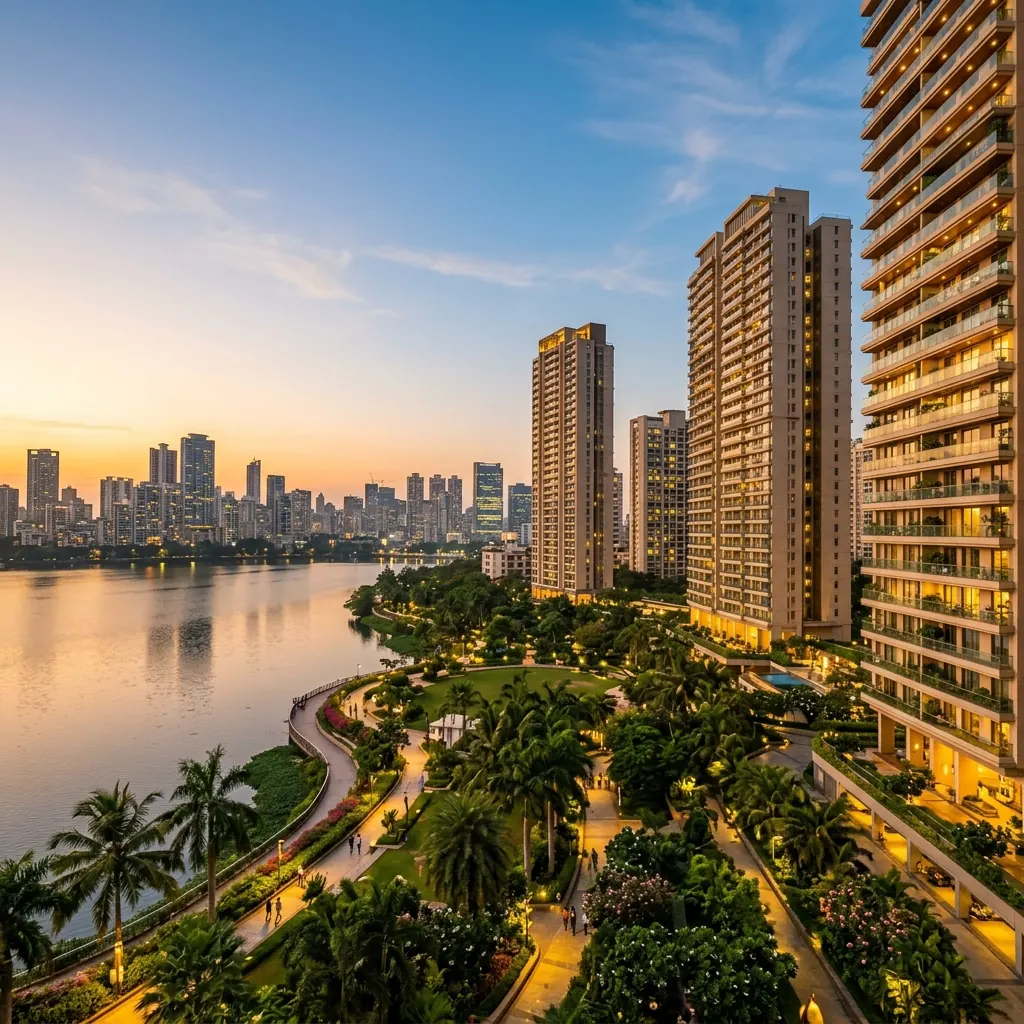 Landscaped residential towers of a premium Ramky gated community in Bengaluru at golden hour
