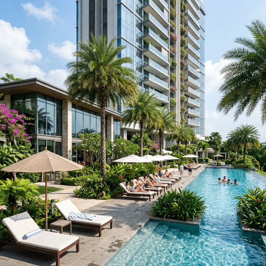 Residents enjoying a landscaped clubhouse and pool at a Ramky community